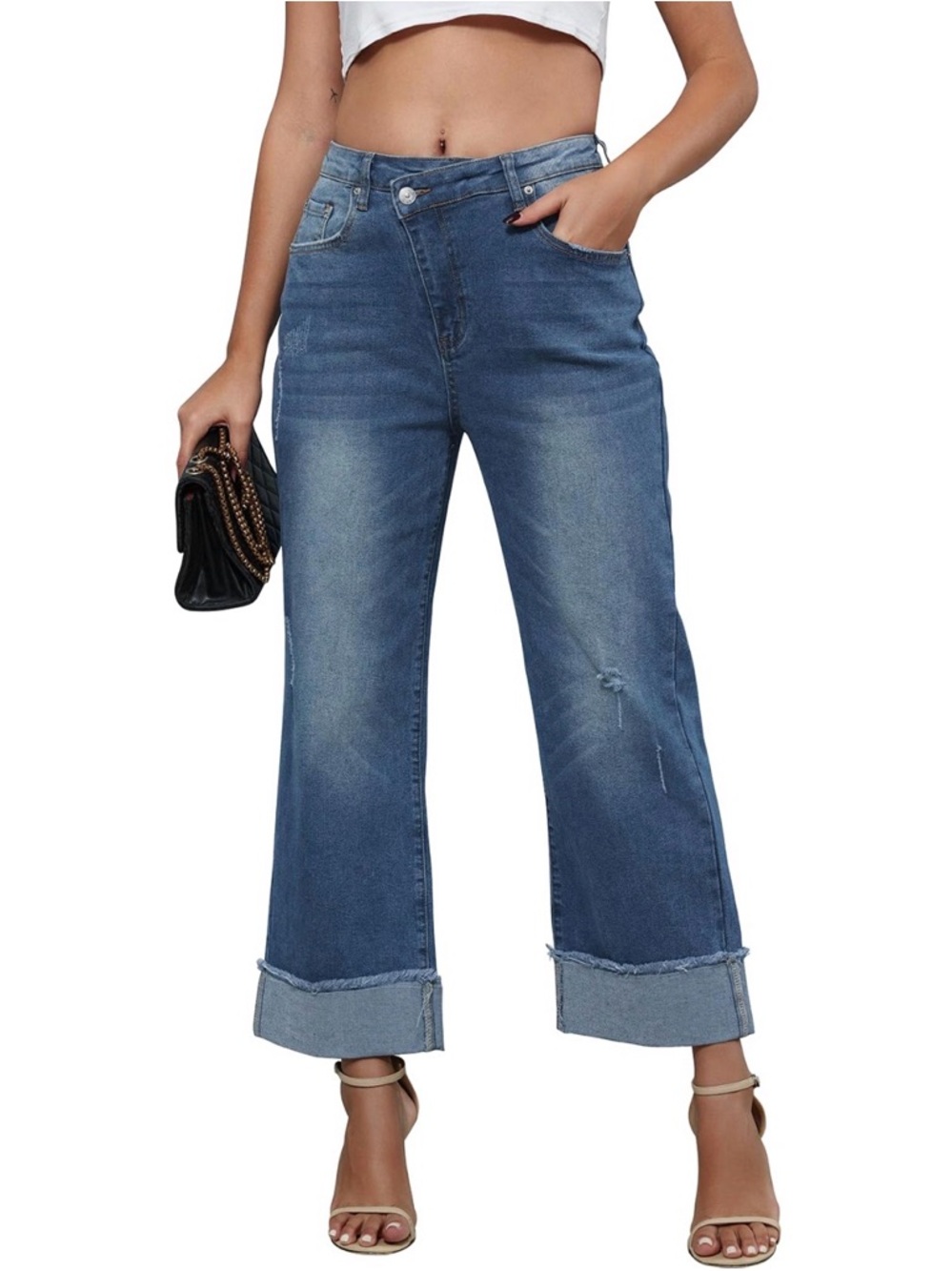 Genleck Women's Wide Leg High Waisted Jeans Crossover Baggy Jeans XL